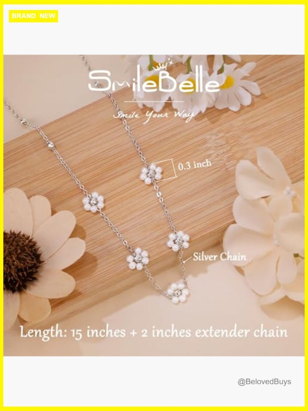 Stainless Steel Daisy Pearl Choker Necklace, Adjustable 15 Inch Chain - Picture 3 of 7